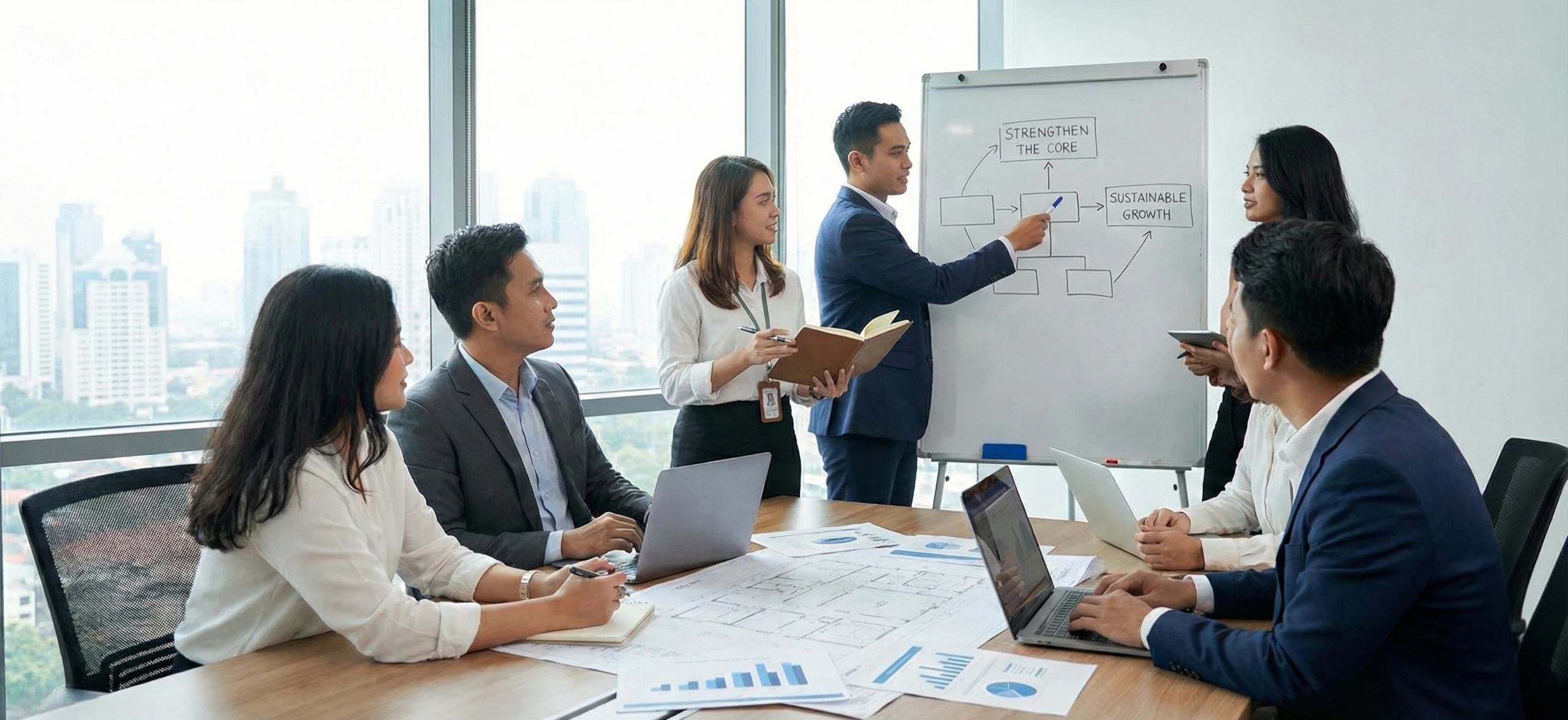 A business consultant, wearing glasses and exuding confidence, passionately leads people towards change in a professional office setting.